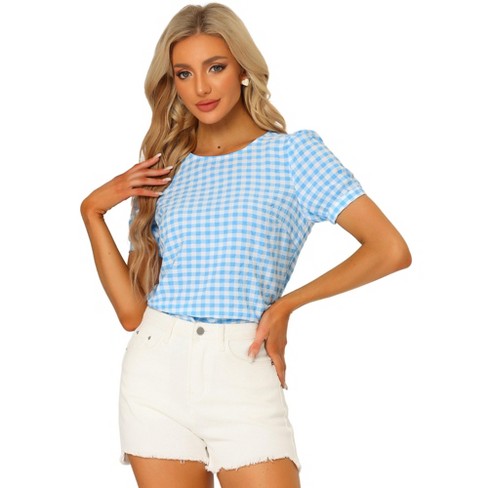Allegra K Women's Vintage Crew Neck Puff Sleeve Casual Plaid Gingham Blouse  Light Blue Small