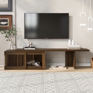 LOVSON Mid-Century Modern 2-in-1 Pet Friendly Walnut TV Stand, Expandable Media Console with Soft Cushions Sliding Doors, Cat Friendly Furniture - 1 of 4