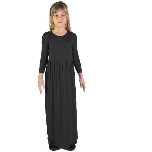 24seven Comfort Apparel Girls Three Quarter Sleeve Pleated Maxi Dress  -Black-S