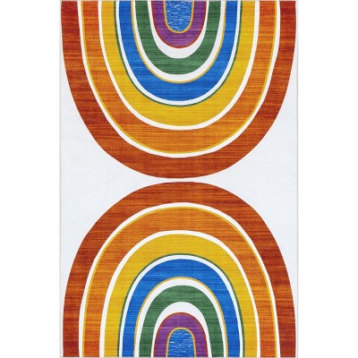 Image of Nuloom Double Rainbow Graphic 7x9 Machine Washable Indoor Area Rug for Living Room Bedroom Dining Room Nursery Kitchen, White Multicolor/Multicolor