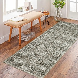 Area Rug, Home Decor Washable Vintage Distressed Floral Rug - Non-Slip Ultra-Thin (0.2in) Stain Resistant Carpet - 1 of 4