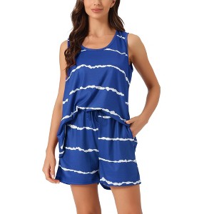 cheibear Women's Striped Round Neck Sleeveless Shirt 2 Piece Tank and Shorts Pajama Set Sleepwear - 1 of 4