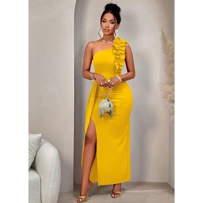 Mocamel 2025 Autumn/Winter Women's Statement Dress - Asymmetrical Ruffle Shoulder, Ruched Bodice