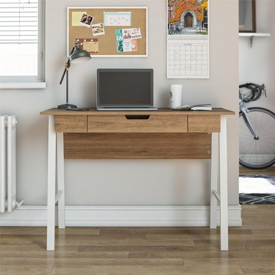 Walnut and White Wood Computer Desk with Drawer