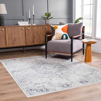 Gray Medallion Washable Polyester Rectangular Area Rug 7'10" x 10'