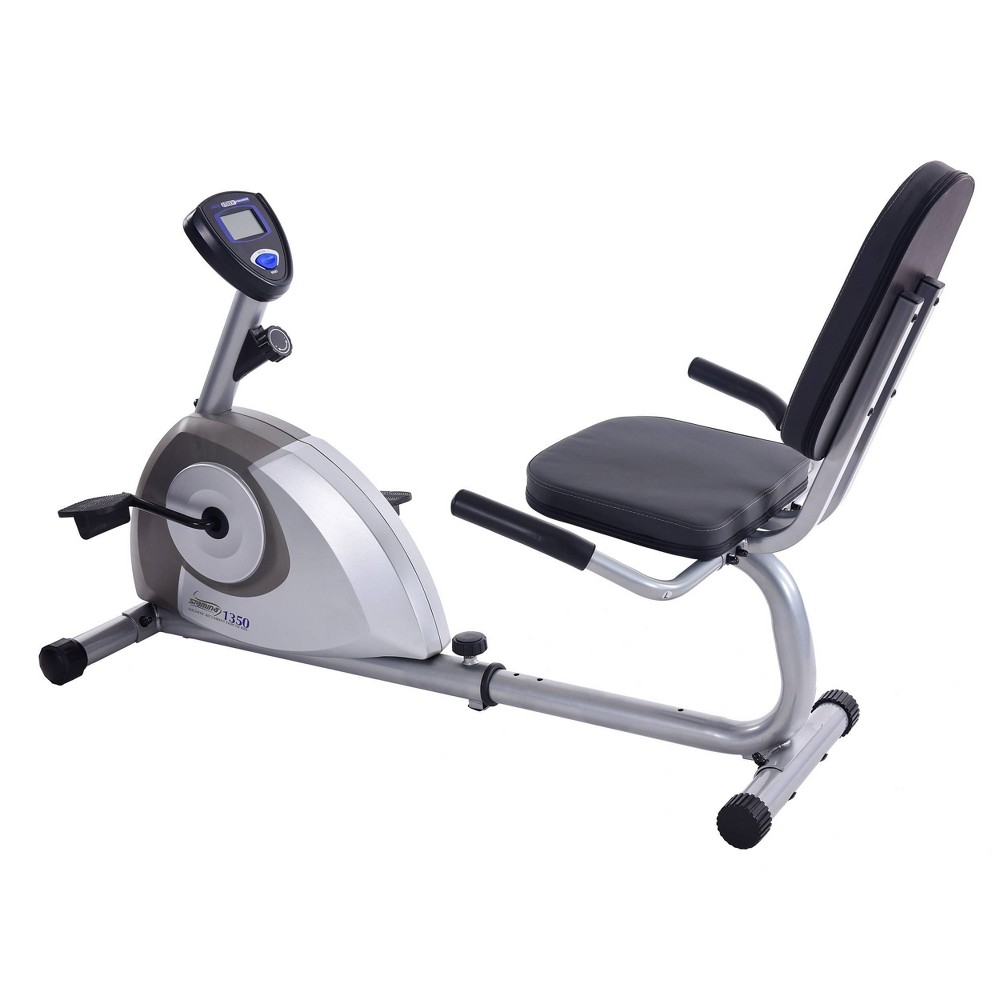 Stamina Magnetic Recumbent 1350 Exercise Bike LEAN BACK and GET TO WORK: The Stamina Magnetic Recumbent 1350 Bike offers an excellent, enjoyable cardio workout without the need to battle traffic or the weather. Featuring a semi-reclined frame, the recumbent bike is designed to target all major muscles in the hips, thighs and glutes. From the slightly leaned-back position, you can comfortably work through even the most intense ride -- whatever your preferred resistance level and distance goals. The quiet, stable ride makes it easy to hear your music or even catch up on your favorite TV show while toning and strengthening your body. Check your speed, distance, time, and calories burned at any point on the built-in electric monitor. Or use the convenient scan mode to scroll through all the motivating stats without fiddling with buttons during the ride. SMOOTH RIDING: With the adjustable heavy-weighted flywheel resistance and belt drive train, pedaling the Stamina Magnetic Recumbent 1350 Bike remains smooth at at any resistance level. The easy-adjust tension knob lets you customize the intensity mid workout, so you can increase resistance to tackle an uphill climb. The adjustable, padded seat offers a comfortable ride while oversized foot pedals hold your feet securely in place. Our walk-through design makes getting on and off the bike safe and effortless -- for a great ride from start to finish. LOW-IMPACT CARDIO: Because stationary cycling is one of the most effective low-impact aerobic exercises around, the Stamina Magnetic Recumbent 1350 Bike can actually increase your metabolism without causing extra stress on your joints. That lets you reach fitness goals faster by burning calories and fat more efficiently calorie and fat burning. And without added risk to joints, you can put your recumbent bike to good use at nearly any stage of life. EXERCISE BIKE TIP: Remember, aerobic exercise is most effective if you work within your target heart rate zone, which is 70percent to 85percent of your maximum heart rate. Pushing yourself - safely - is great, but overdoing it is not only hazardous; it's less impactful.