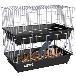 PawHut 2-Tier Small Animal Cage Enclosure, Play House for Bunny, Ferret, Chinchilla with 2 Doors, Platform, Ramp, Dish and Bottle - 1 of 4