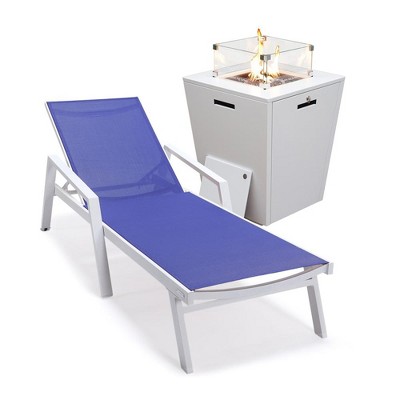 LeisureMod Marlin Modern White Aluminum Outdoor Patio Chaise Lounge Chair With Arms and Square Fire Pit Side Table