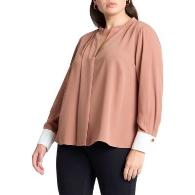 ELOQUII Women's Plus Size Neck Pleat Blouse With Contrast Cuff