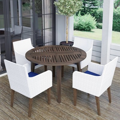 5pc Wicker & Acacia Outdoor Dining Set with 4 Arm Chairs & Cushions - Navy - TK Classics