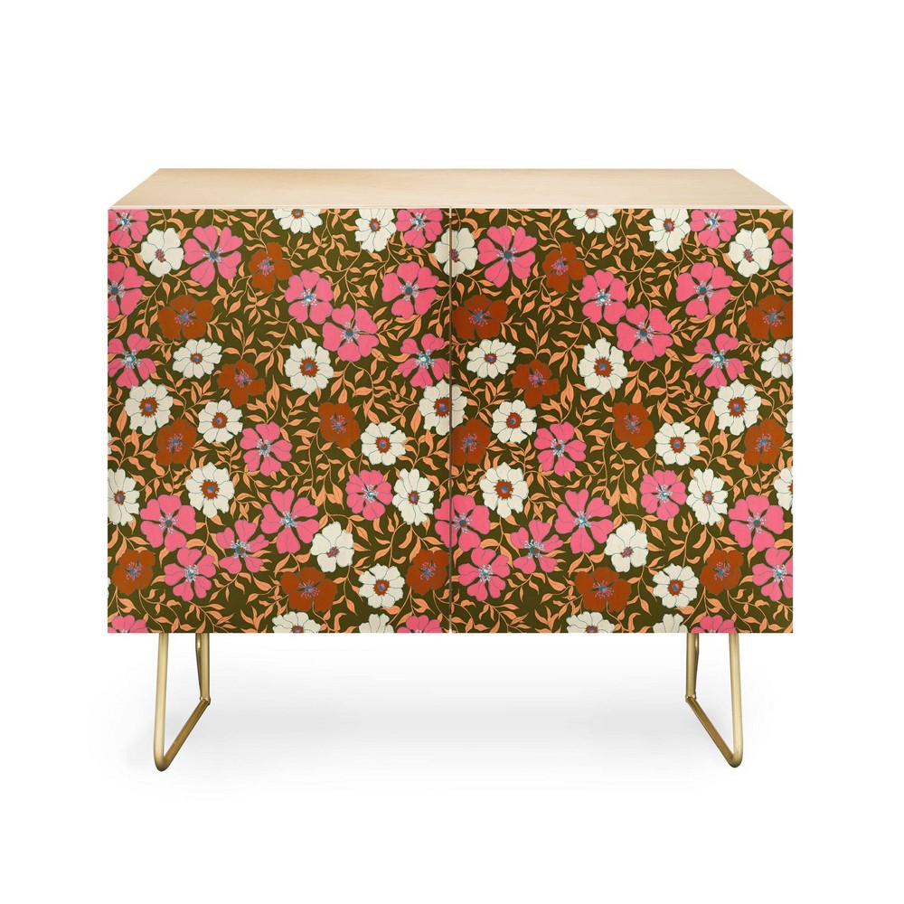 Photos - Dresser / Chests of Drawers Schatzi Brown Jirra Floral Olive Credenza Gold - Deny Designs: Enclosed St