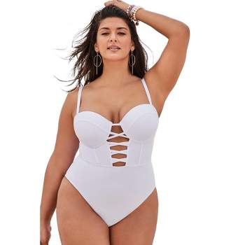 Swimsuits For All Women's Plus Size Tummy Control V Neck Lattice Plunge One  Piece Swimsuit With Adjustable Straps - 22, White : Target