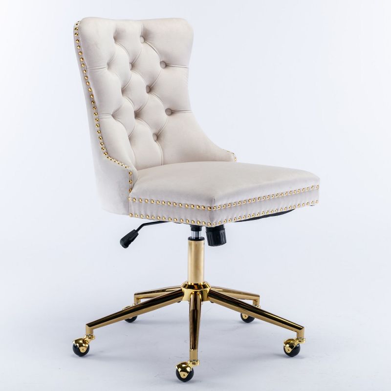 Swivel Furniture Office Chair, Adjustable Desk Ergonomic Chair, Velvet Upholstered Tufted Button Home Office Chair with Golden Metal Base-The Pop Home, 3 of 10