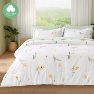 Cozy Comfort Queen Comforter Set, 7 Pieces Sea Foam Green Floral Bedding Sets, Bed in a Bag with Reversible Botanical Flowers Comforter, Sheets, Pillo - 1 of 4