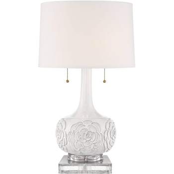 Possini Euro Design Natalia Modern Country Cottage Table Lamp with Square Riser 28 1/2" Tall White Floral Ceramic Drum Shade for Bedroom Living Room