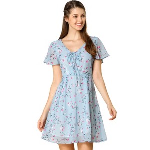 Allegra K Women's Floral Printed Flare Short Sleeve Lace-up V Neck A-Line Chiffon Dress - 1 of 4