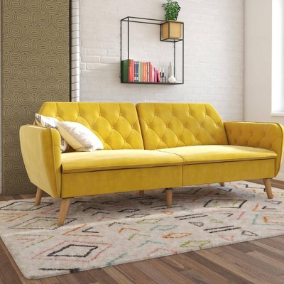 Mustard Faux Leather Tufted Twin Sleeper Sofa with Memory Foam