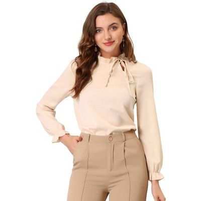 INSPIRE CHIC Women's Elegant Long Sleeve Ruffle Tie Neck Business Work Top