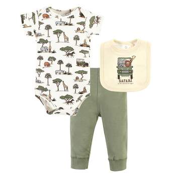 Hudson Baby Infant Boy Cotton Bodysuit, Pant and Bib Set, Going On Safari