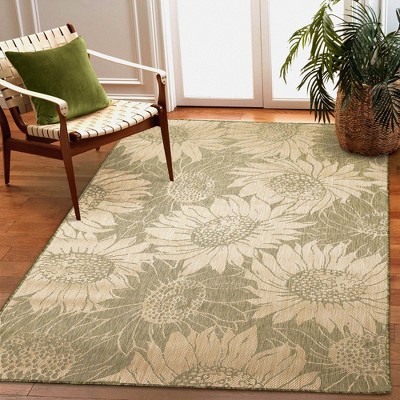 Green and Tan Synthetic Flat Woven Rectangular Rug