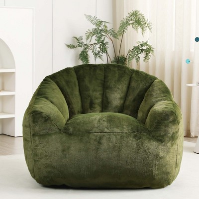 Faux Fur Green Bean Bag Chairs for Adults with Armrests and Back Support, Shell-Shaped Bean Bag Chairs for Kids with Stuffed High-Density Foam