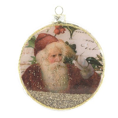 Holiday Ornament 4.5" Santa Holly Glass Ornament Claus Glitter Christmas  -  Tree Ornaments