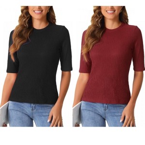 INSPIRE CHIC Women's Crew Neck Ruched Solid Half Sleeve Basic Casual Top 2 Packs - 1 of 4