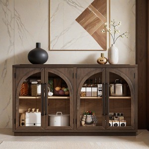 4-Door Large Storage Sideboard Buffet Cabinet with Glass Doors, Arched Cabinet with Adjustable Shelves- Leovsnove - 1 of 4