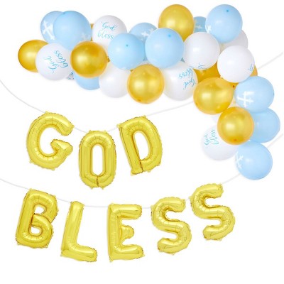 Sparkle and Bash  58 Piece Set God Bless Banner Balloons for Boys Baptism Decorations, First Communion (12-16 In)