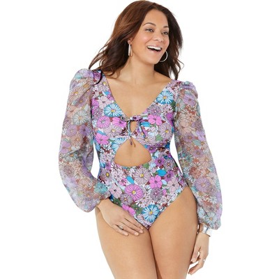 Swimsuits for All Women's Cup Sized Chiffon Sleeve One Piece Swimsuit (Plus Sizes Available)