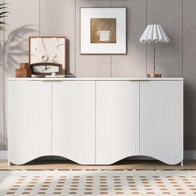 Vertical Stripes And Wavy Design Of A Four-Door Cabinet, Modern Storage Cabinet, 63 Inch Long Accent Cabinet-Cuddlewood