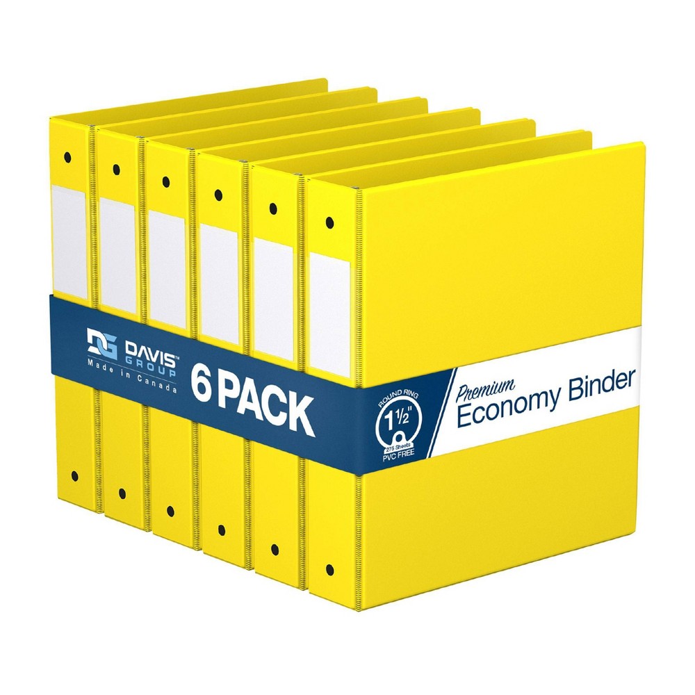 Davis Group 6pk 1.5" Premium Economy Round Ring Binders Yellow: Hard Cover, 275 Sheet Capacity, 2 Pockets, Polypropylene