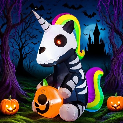 Joyfy 5 FT Halloween Inflatables Outdoor Decoration, Inflatable Sitting Skeleton Unicorn with LEDs for Halloween Party Outside Yard Garden Decorations
