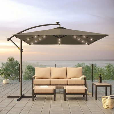 Sonkuki 8.2x8.2 FT Outdoor LED Solar Lighted Hanging Umbrella Patio Offset W/t Cross Fade-resistant, 360° Rotation