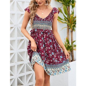 Women's Floral V Neck Boho Casual Swing Mini Dress Smocked Swing Dress - 1 of 4