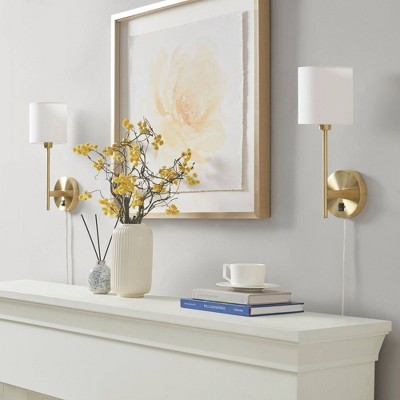 Elegant Gold Metal Wall Sconce with Cream Cylinder Shade - Set of 2