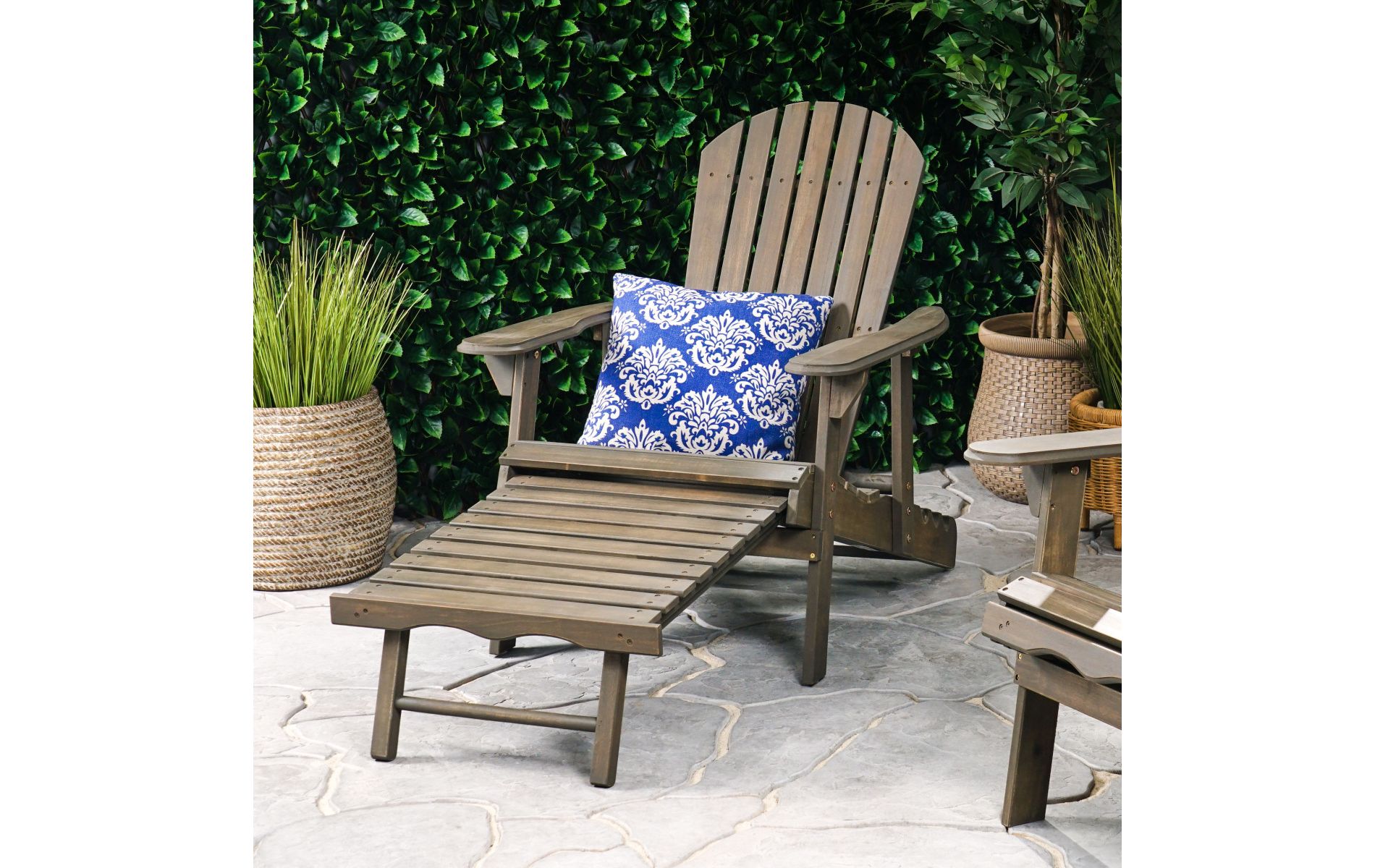 Acacia Wood Folding Adirondack Chair with Pull-Out Footrest, Rustic Gray Outdoor Lounge, 30"W for Patio Garden-3irtyhousy