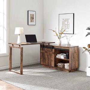 Vynxaria L-Shaped Home Office Workstation Distressed Wood, Attached Storage Credenza (Sliding Barn Door), Reversible Return - 1 of 4