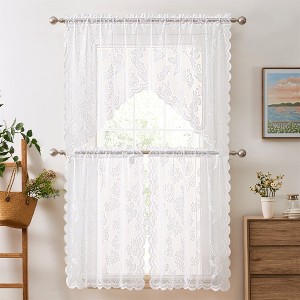 HLC.ME Butterfly Floral Lace - Sheer 3 Piece Kitchen Curtains Set, Swag Valance + 36 inch Tiers Set - 1 of 4