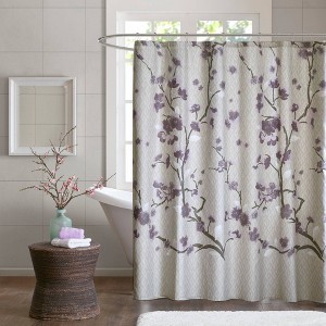 Sakura Cotton Printed Shower Curtain - Purple: Madison Park Floral Sateen, Machine Washable, OEKO-TEX Certified - 1 of 4