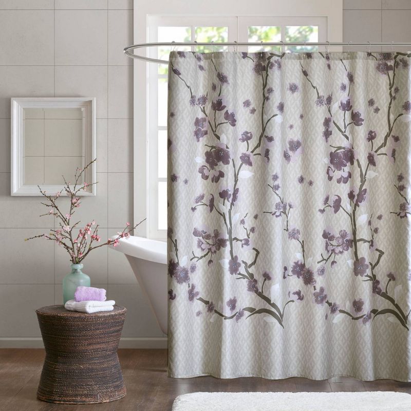 Sakura Cotton Printed Shower Curtain - Purple, 1 of 6