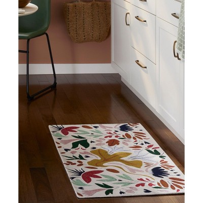 Livie Cream Floral Synthetic Rectangular Washable Rug, 24" x 40"