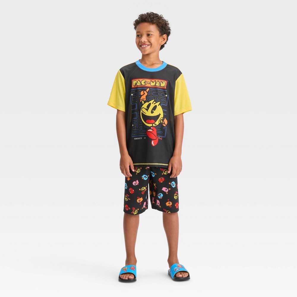 Boys' Pac-Man 2pc Short Sleeve Pajama Set with Slide Sandals - Black 6-7