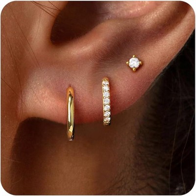 Small Sterling Silver Huggie Hoop Earrings Set for Women, 14K Gold Plated Hoops Stacks for Multiple Piercings