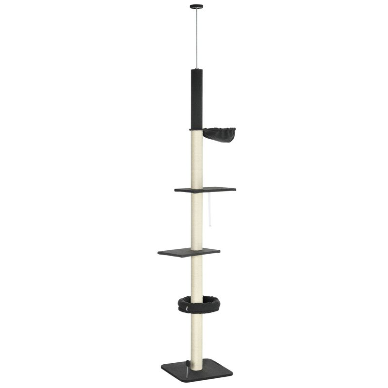 PawHut Floor To Ceiling Cat Tree, 5-Tier Cat Climbing Tower, 95''-106'' Height with Bed, Hammock, Scratching Post for Indoor Cats, Black and Cream, 4 of 7
