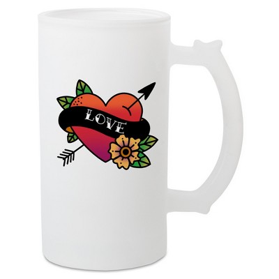 100 North Freezable 16 Ounce Translucent White Matte Frosted Glass Craft Drinking Stein Beer Mug With Thumb Grip Handle, Love
