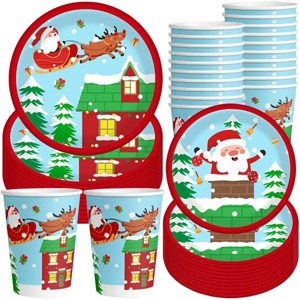 80Pcs Christmas Party Supplies Disposable Paper Plates and Cups Set for 10 Guests, Santa Claus Reindeer Pattern Holiday Dinnerware Decorations - 1 of 4