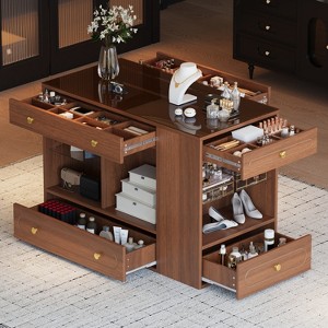 Closet Island with 6 Drawers, Dresser with Glass Display Top & Open Shelves, Jewelry Storage Vanity Island Display Cabinet - ModernLuxe - 1 of 4