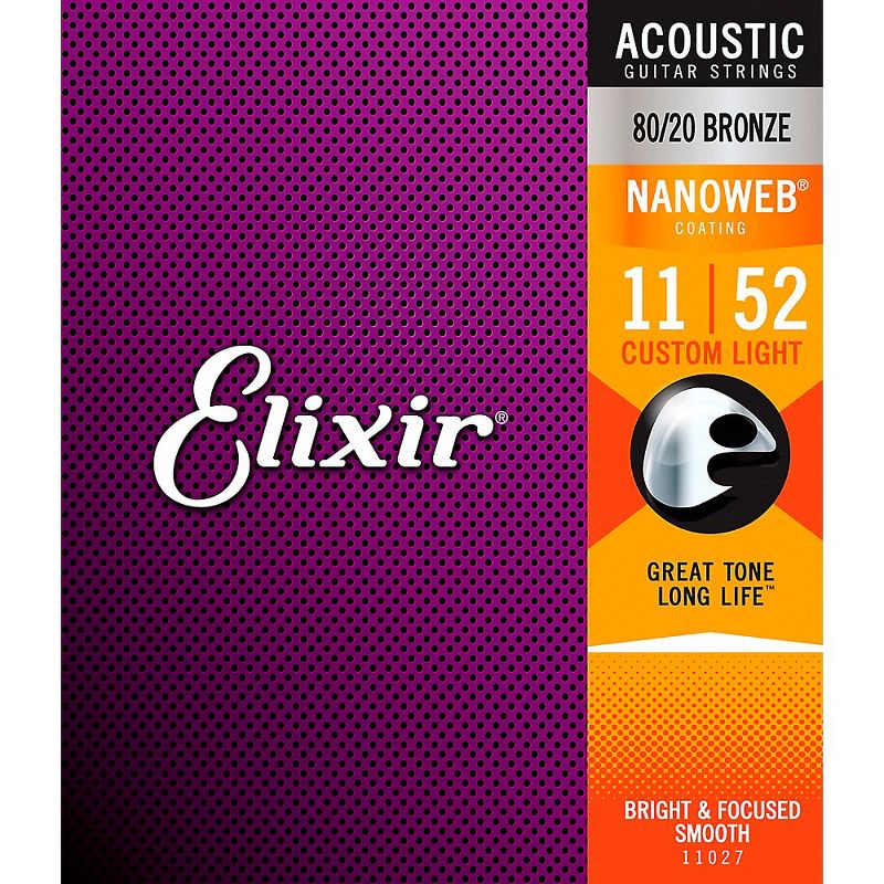 Elixir 80/20 Bronze Acoustic Guitar Strings With NANOWEB Coating, Custom Light (.011-.052), 1 of 4