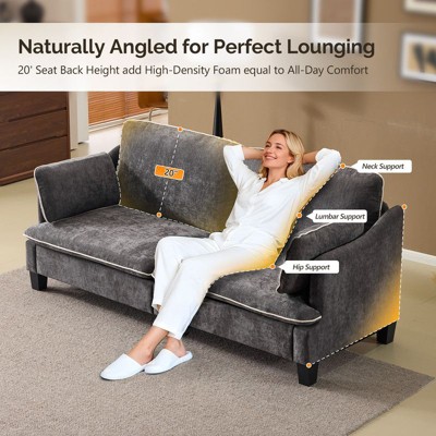 Person lounging on sofa with labels for supports